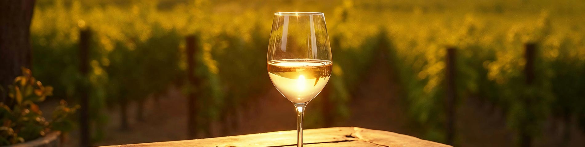 Copa de vino blanco iluminada por el sol del atardecer